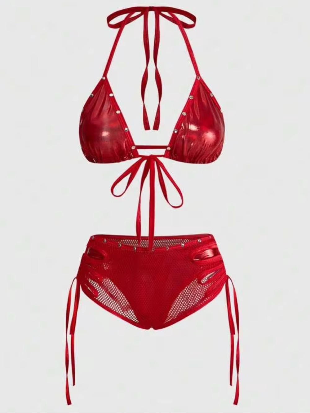 ROMWE Red Eyelet Mesh Tie-Back Bikini Set